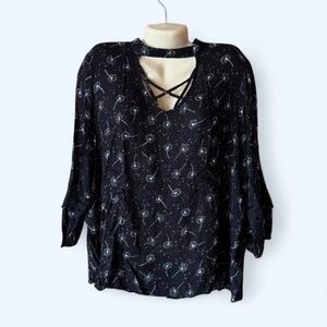 MAURICES Black Floral Blouse with Crisscross Neckline